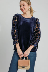 Umgee Solid Color Velvet Top with Lace Polka Dot Sleeves in Navy