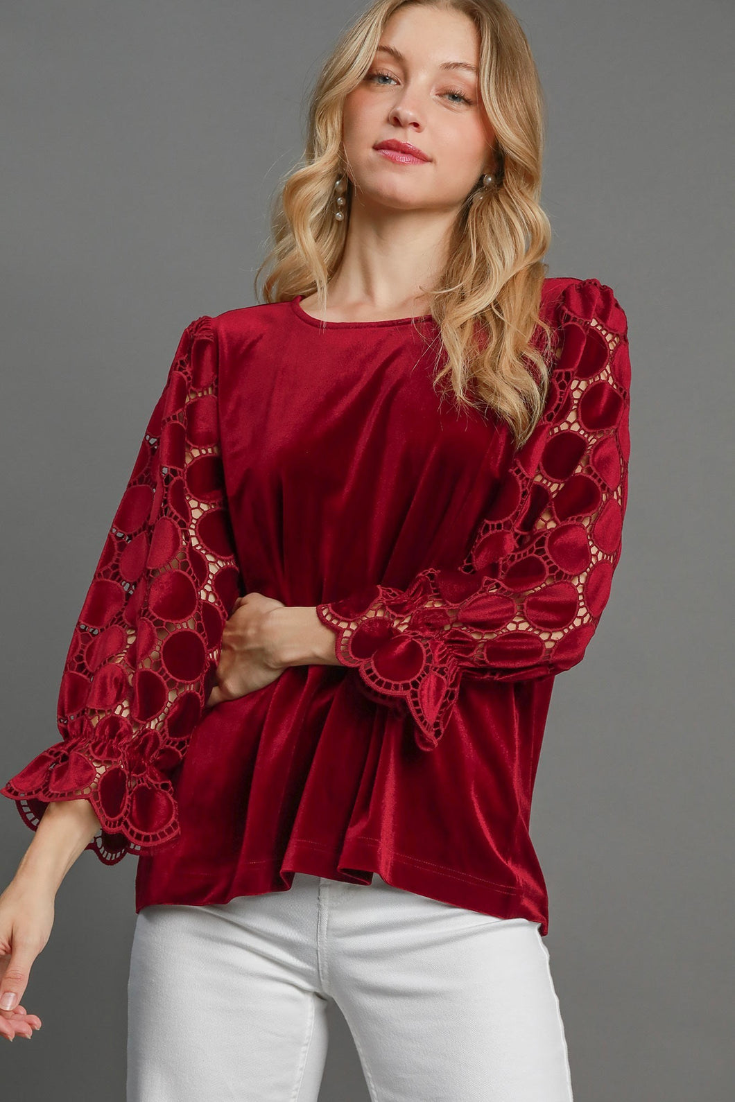 Umgee Solid Color Velvet Top with Lace Polka Dot Sleeves in Wine