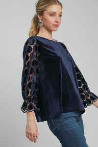 Umgee Solid Color Velvet Top with Lace Polka Dot Sleeves in Navy