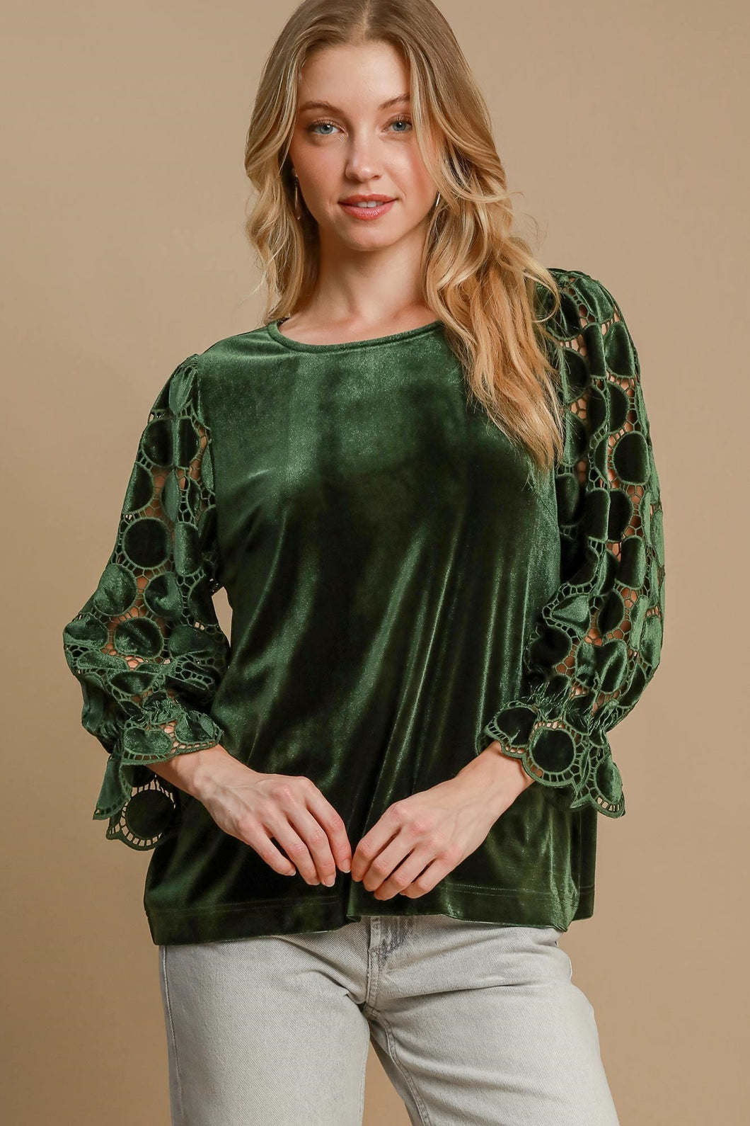 Umgee Solid Color Velvet Top with Lace Polka Dot Sleeves in Olive