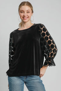 Umgee Solid Color Velvet Top with Lace Polka Dot Sleeves in Black