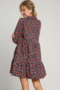 Umgee Floral Print Corduroy A-Line Dress in Navy Mix