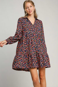 Umgee Floral Print Corduroy A-Line Dress in Navy Mix