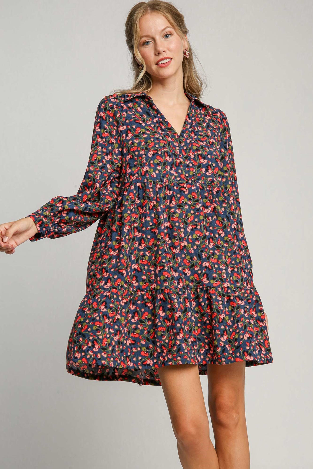 Umgee Floral Print Corduroy A-Line Dress in Navy Mix ON ORDER