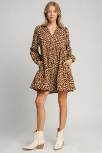 Umgee Floral Print Corduroy A-Line Dress in Brown Mix