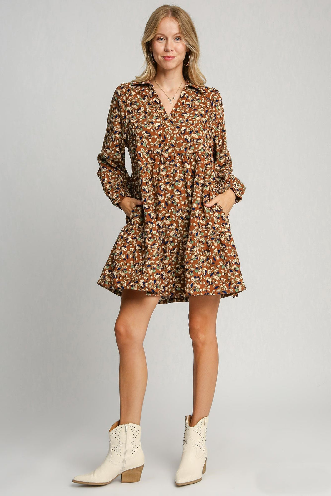 Umgee Floral Print Corduroy A-Line Dress in Brown Mix