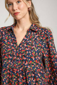 Umgee Floral Print Corduroy A-Line Dress in Navy Mix