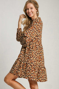 Umgee Floral Print Corduroy A-Line Dress in Brown Mix