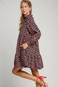 Umgee Floral Print Corduroy A-Line Dress in Navy Mix