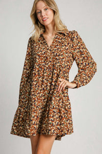 Umgee Floral Print Corduroy A-Line Dress in Brown Mix