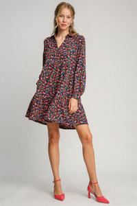 Umgee Floral Print Corduroy A-Line Dress in Navy Mix