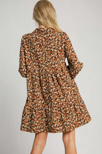 Umgee Floral Print Corduroy A-Line Dress in Brown Mix