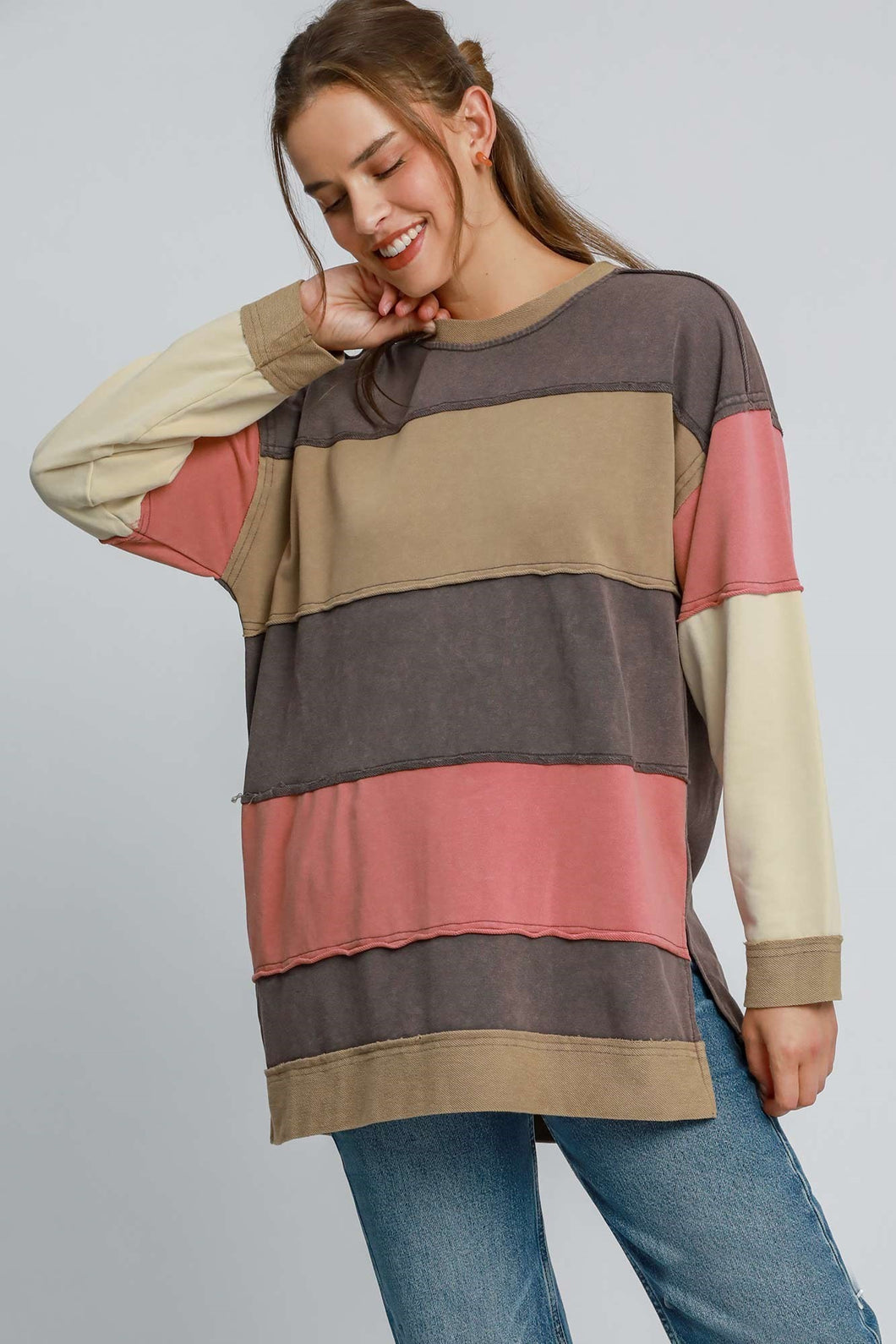 Umgee Color Block Tunic Top in Charcoal Mix