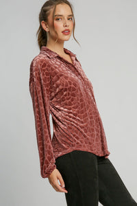 Umgee Burnout Animal Pattern Velvet Top in Rosewood