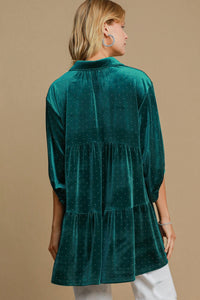 Umgee Solid Color Velvet Tunic Top with Stone Embellishments in Teal Green