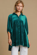 Umgee Solid Color Velvet Tunic Top with Stone Embellishments in Teal Green FINAL SALE