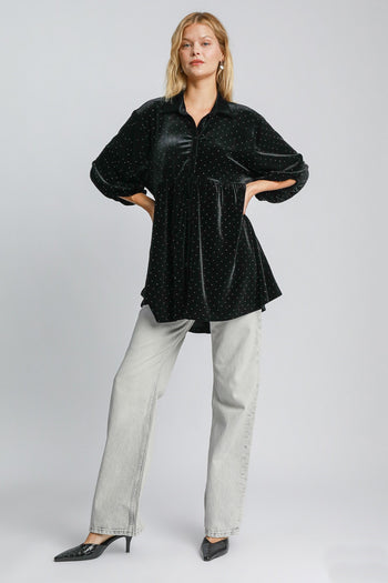 Umgee Solid Color Velvet Tunic Top with Stone Embellishments in Black