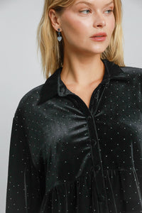 Umgee Solid Color Velvet Tunic Top with Stone Embellishments in Black