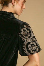 Load image into Gallery viewer, Umgee Solid Color Top with Embroidered Sleeves in Black ON ORDER
