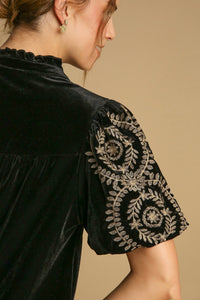 Umgee Solid Color Top with Embroidered Sleeves in Black ON ORDER