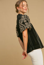 Load image into Gallery viewer, Umgee Solid Color Top with Embroidered Sleeves in Black ON ORDER
