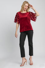 Load image into Gallery viewer, Umgee Velvet Top with Dotted Lace Sleeves in Wine
