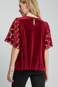 Umgee Velvet Top with Dotted Lace Sleeves in Wine