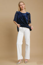 Load image into Gallery viewer, Umgee Velvet Top with Dotted Lace Sleeves in Navy
