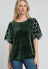 Load image into Gallery viewer, Umgee Velvet Top with Dotted Lace Sleeves in Deep Green
