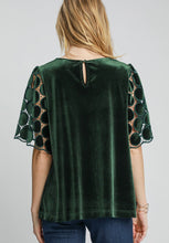 Load image into Gallery viewer, Umgee Velvet Top with Dotted Lace Sleeves in Deep Green
