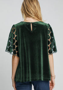 Umgee Velvet Top with Dotted Lace Sleeves in Deep Green