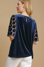 Load image into Gallery viewer, Umgee Velvet Top with Dotted Lace Sleeves in Navy
