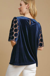 Umgee Velvet Top with Dotted Lace Sleeves in Navy