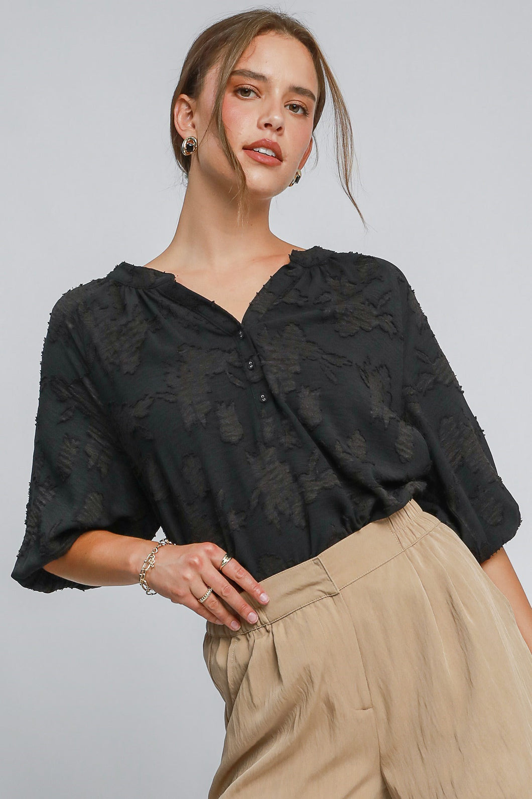 Umgee Solid Color Floral Burnout Top in Black