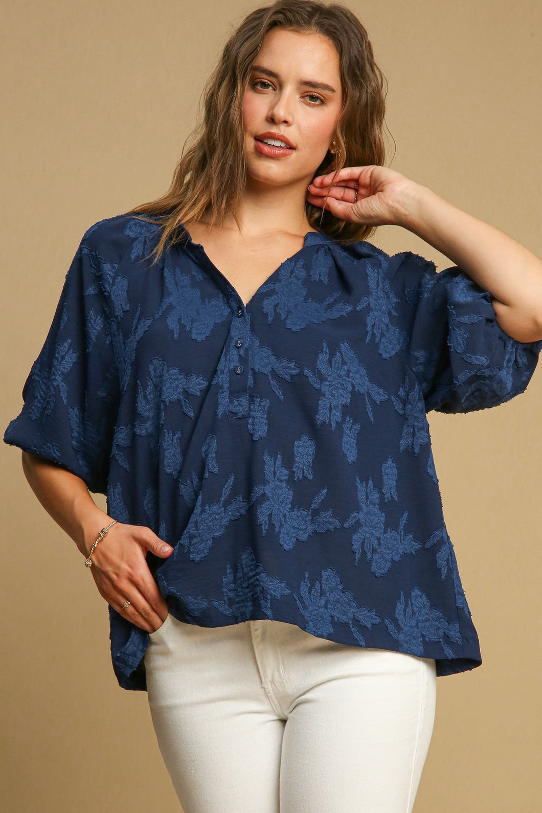 Umgee Solid Color Floral Burnout Top in Navy