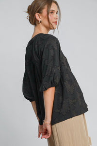 Umgee Solid Color Floral Burnout Top in Black