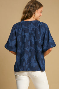 Umgee Solid Color Floral Burnout Top in Navy