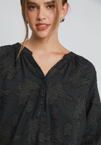 Umgee Solid Color Floral Burnout Top in Black