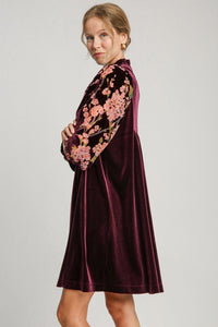 Umgee Velvet Mini Dress with Floral Print Burnout Sleeves in Plum