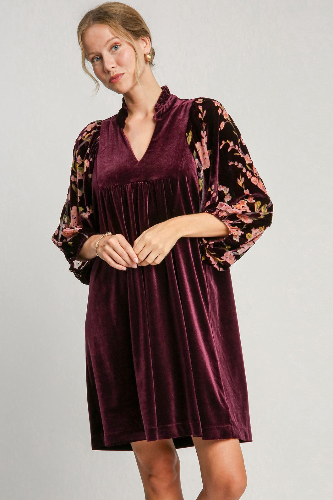 Umgee Velvet Mini Dress with Floral Print Burnout Sleeves in Plum