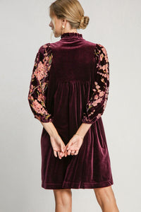 Umgee Velvet Mini Dress with Floral Print Burnout Sleeves in Plum