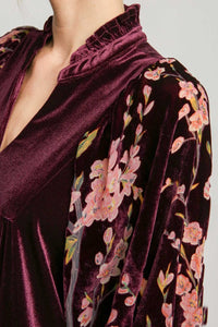 Umgee Velvet Mini Dress with Floral Print Burnout Sleeves in Plum