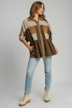 Load image into Gallery viewer, Umgee Corduroy Color Block Button Down Jacket in Tan Mix
