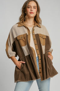 Umgee Corduroy Color Block Button Down Jacket in Tan Mix