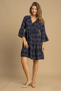 Umgee Swiss Dot Tiered Dress in Navy