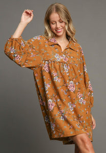 Umgee Floral Print Corduroy A-Line Dress in Camel Mix ON ORDER