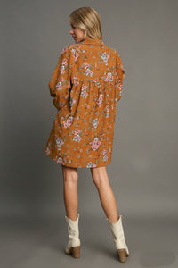 Umgee Floral Print Corduroy A-Line Dress in Camel Mix ON ORDER