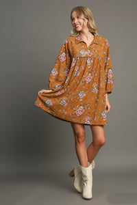 Umgee Floral Print Corduroy A-Line Dress in Camel Mix ON ORDER