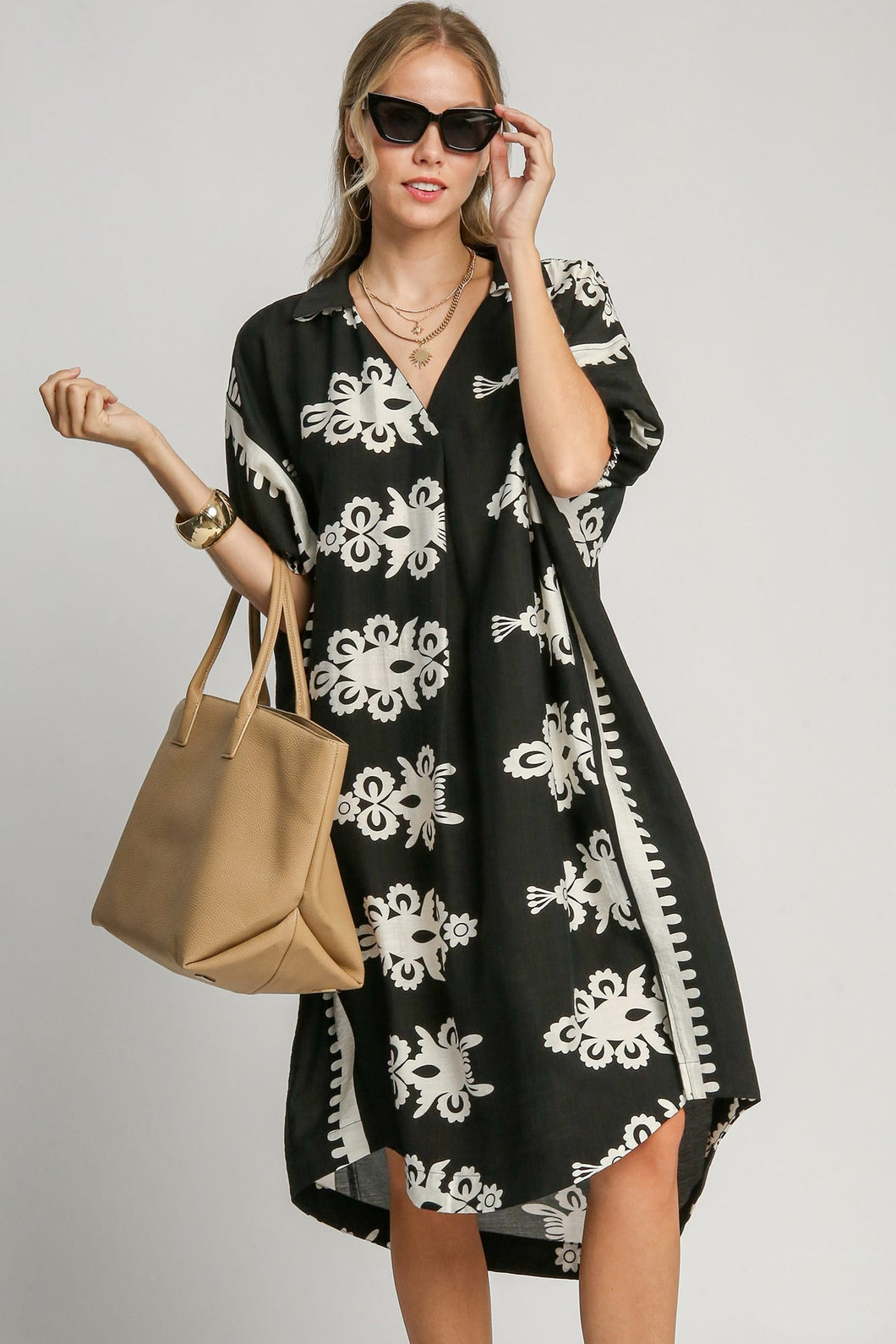 Umgee Abstract Print Midi Dress in Black