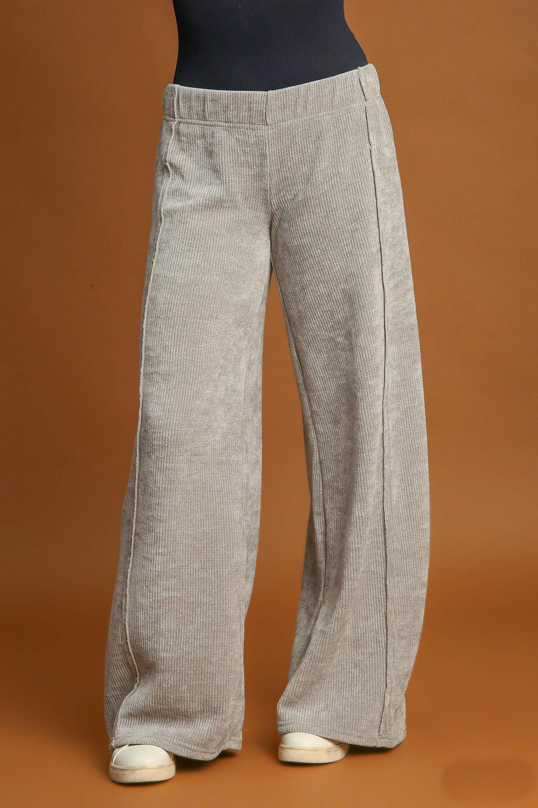 Umgee Soft Knit Solid Color Pants in Light Grey